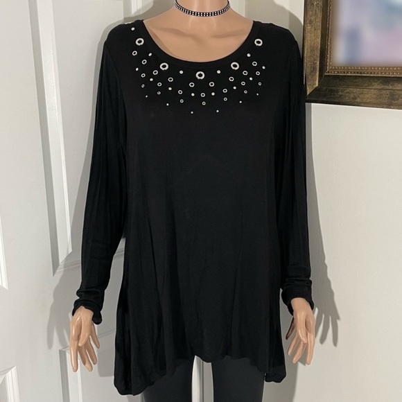 Perseption Concept Black Long Sleeve Dress Top With Ring Details - Size: L - Picture 1 of 4